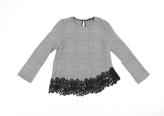 Zara Womens Grey Geometric Polyester Basic Blouse Size M Round Neck - Houndstooth Pattern Crochet Details