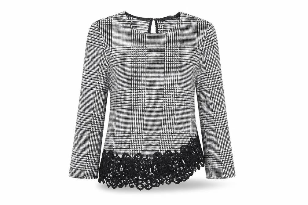 Zara Womens Grey Geometric Polyester Basic Blouse Size M Round Neck - Houndstooth Pattern Crochet Details