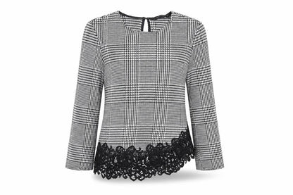 Zara Womens Grey Geometric Polyester Basic Blouse Size M Round Neck - Houndstooth Pattern Crochet Details