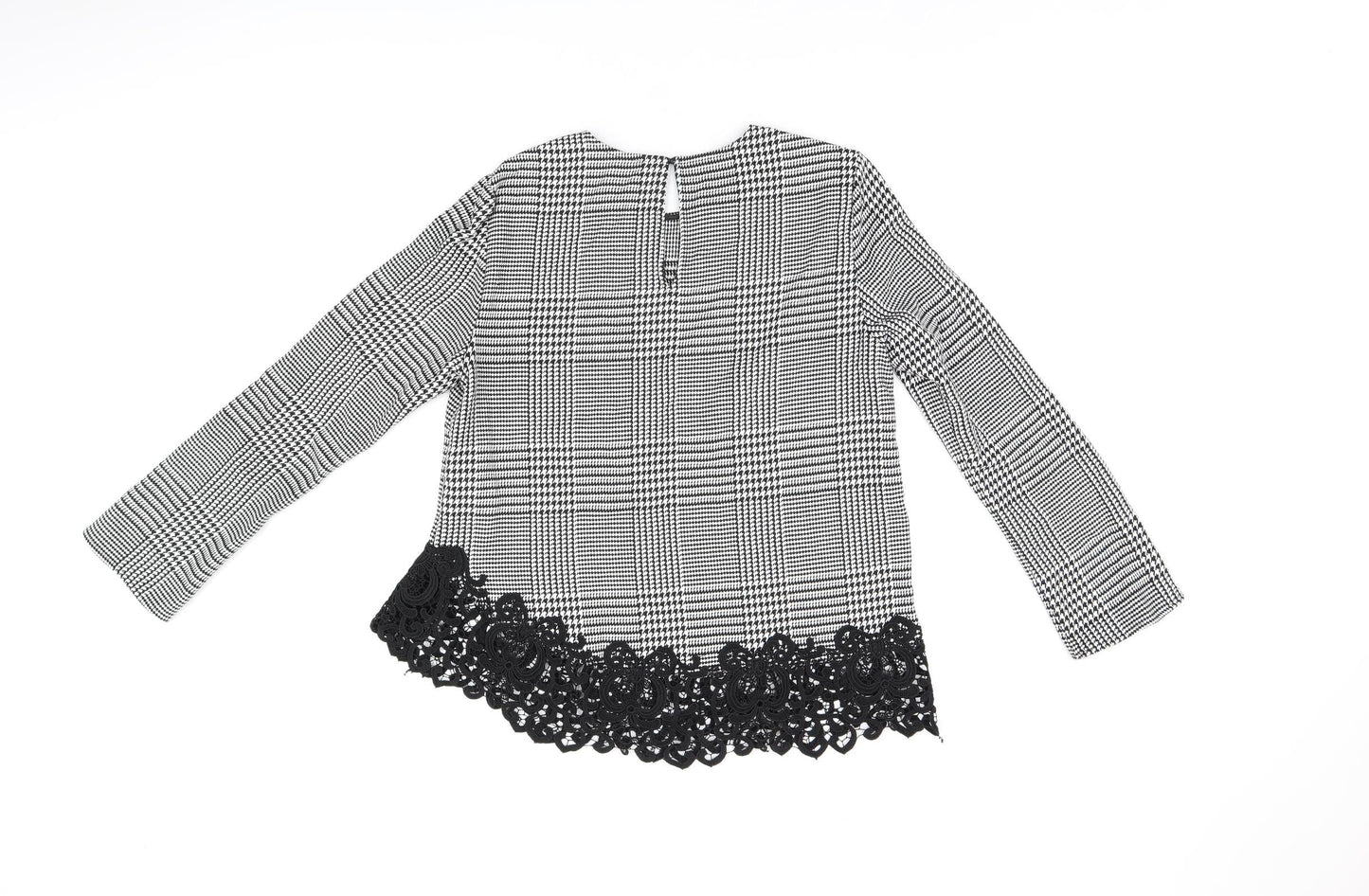 Zara Womens Grey Geometric Polyester Basic Blouse Size M Round Neck - Houndstooth Pattern Crochet Details