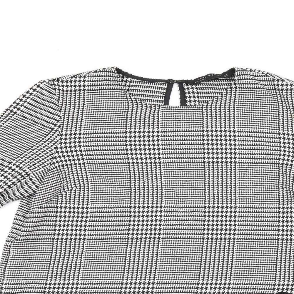 Zara Womens Grey Geometric Polyester Basic Blouse Size M Round Neck - Houndstooth Pattern Crochet Details