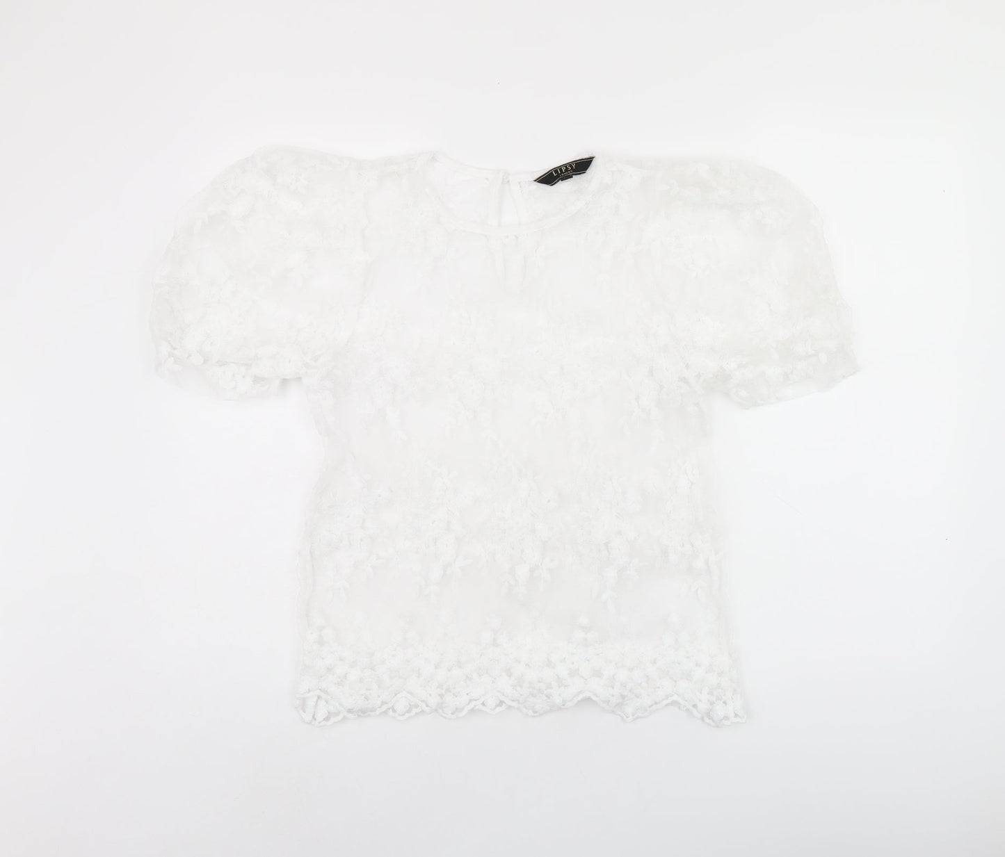 Lipsy Womens White Floral Polyester Basic Blouse Size 10 Round Neck - Sheer