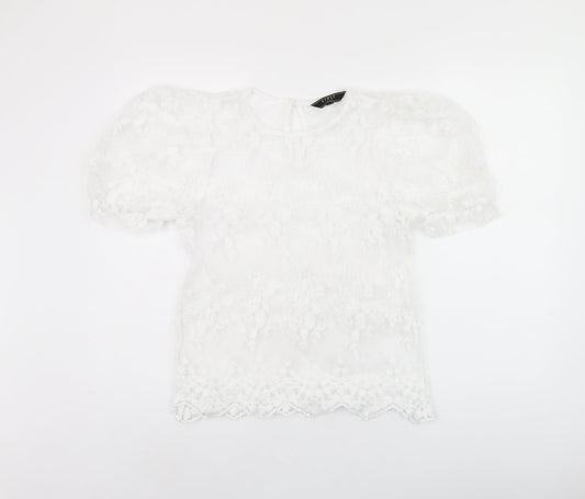 Lipsy Womens White Floral Polyester Basic Blouse Size 10 Round Neck - Sheer