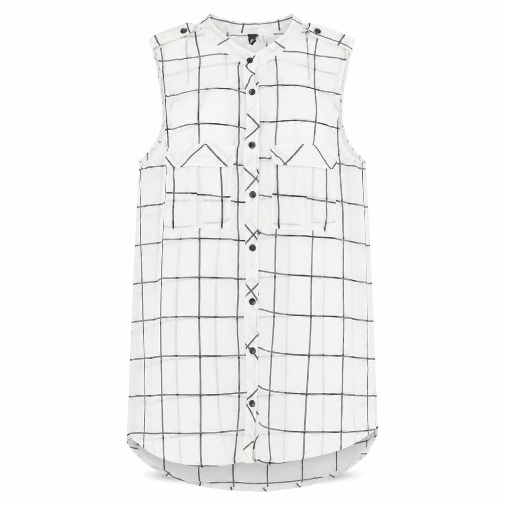 H&M Womens White Geometric Polyester Tunic Tank Size 4 Round Neck - Sheer