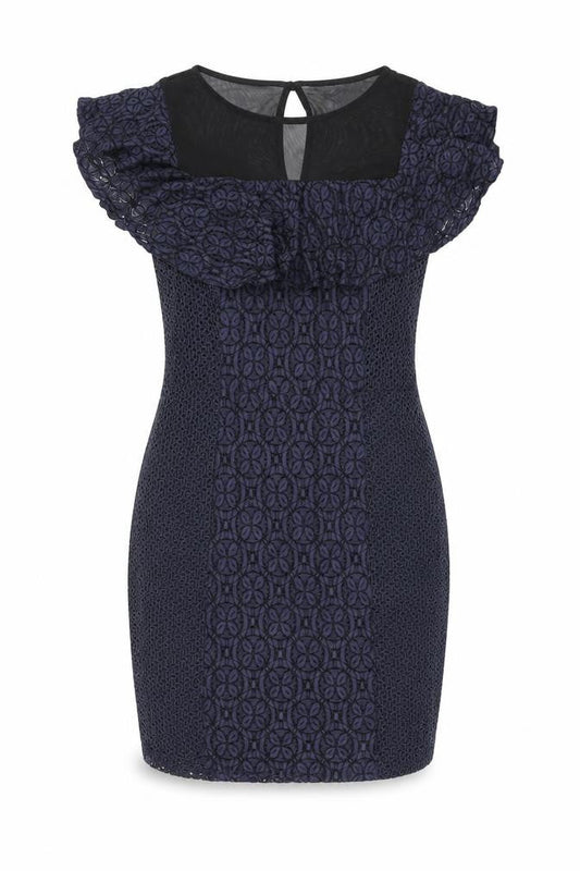 Miss Selfridge Womens Blue Floral Cotton Bodycon Size 10 Round Neck Zip - Frill Detail Broderie Anglaise