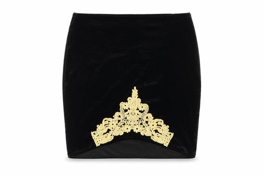 Front view of Missguided women’s black polyester mini skirt, size UK 12, zip - crochet detail