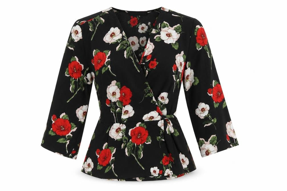 Cameo Rose Womens Black Floral Polyester Wrap Blouse Size 8 V-Neck