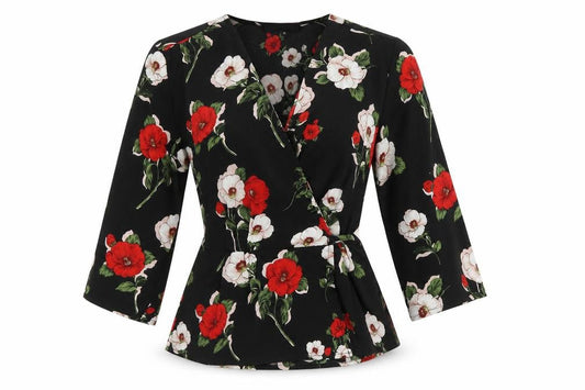 Cameo Rose Womens Black Floral Polyester Wrap Blouse Size 8 V-Neck