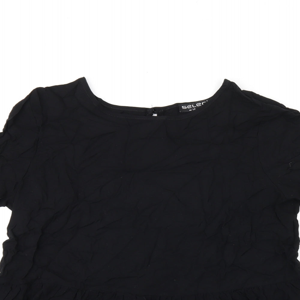 Select Womens Black Viscose Basic Blouse Size 12 Round Neck