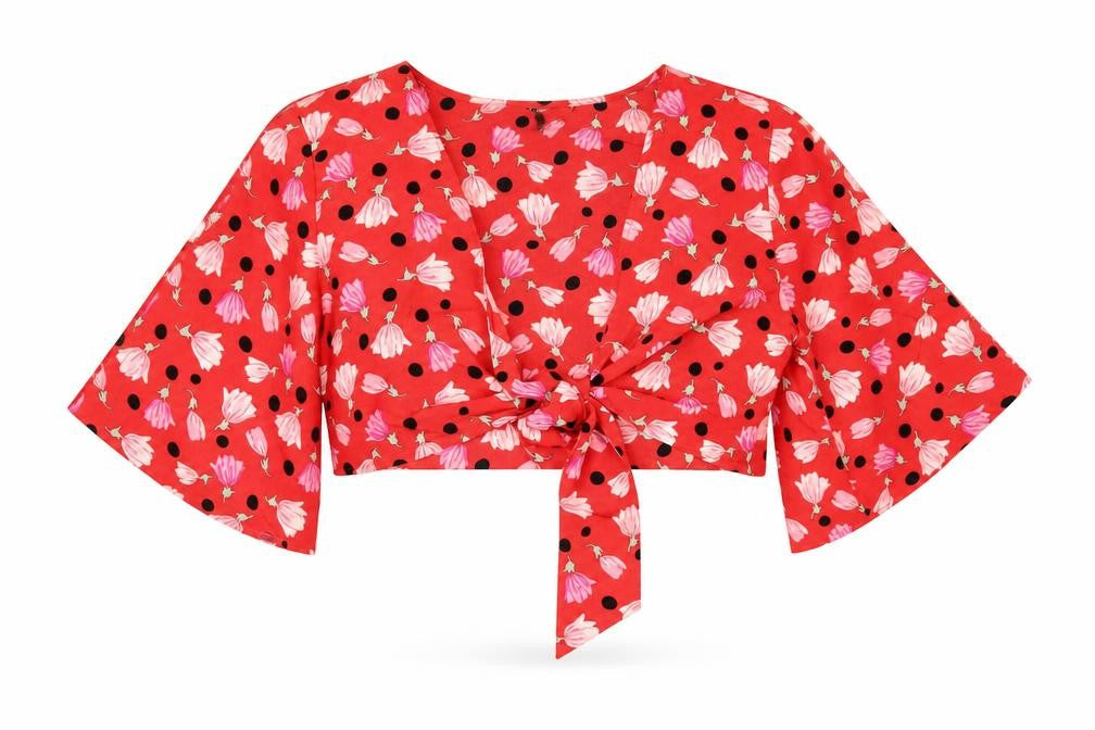 Topshop Womens Red Floral Polyester Cropped Blouse Size 12 V-Neck