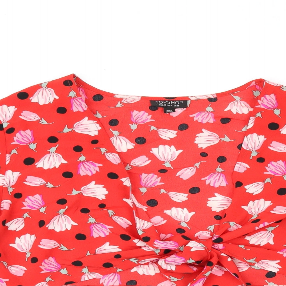 Topshop Womens Red Floral Polyester Cropped Blouse Size 12 V-Neck