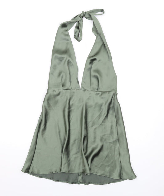 Zara Womens Green Polyester A-Line Size M Halter Zip - Open Back