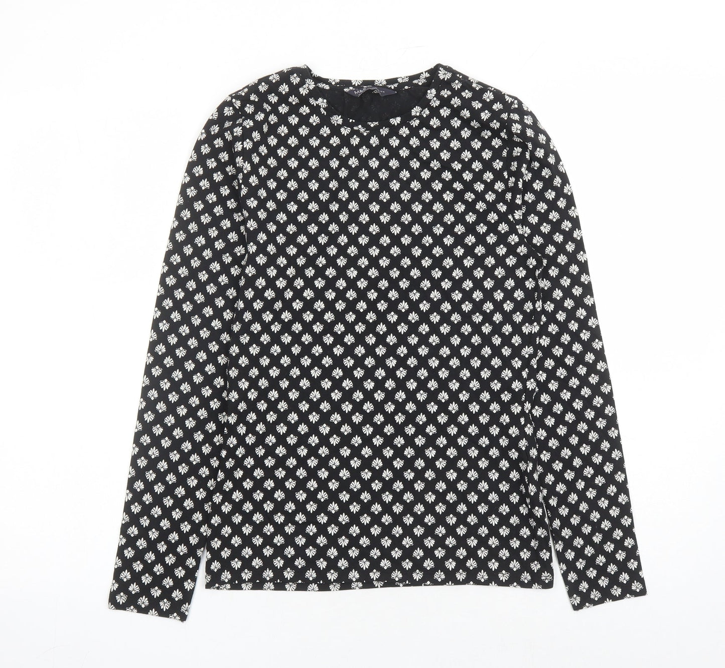 Marks and Spencer Womens Black Geometric Cotton Basic T-Shirt Size 8 Round Neck