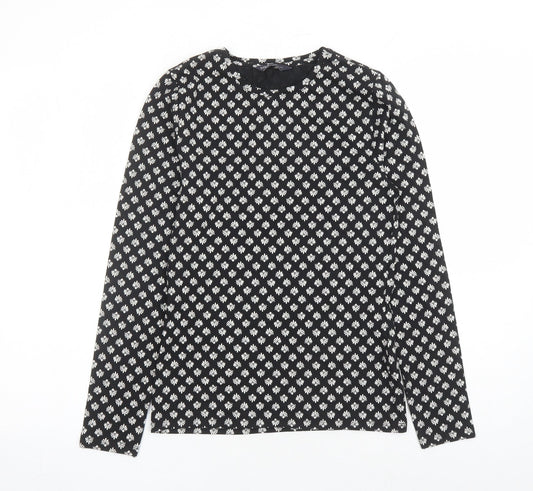 Marks and Spencer Womens Black Geometric Cotton Basic T-Shirt Size 8 Round Neck