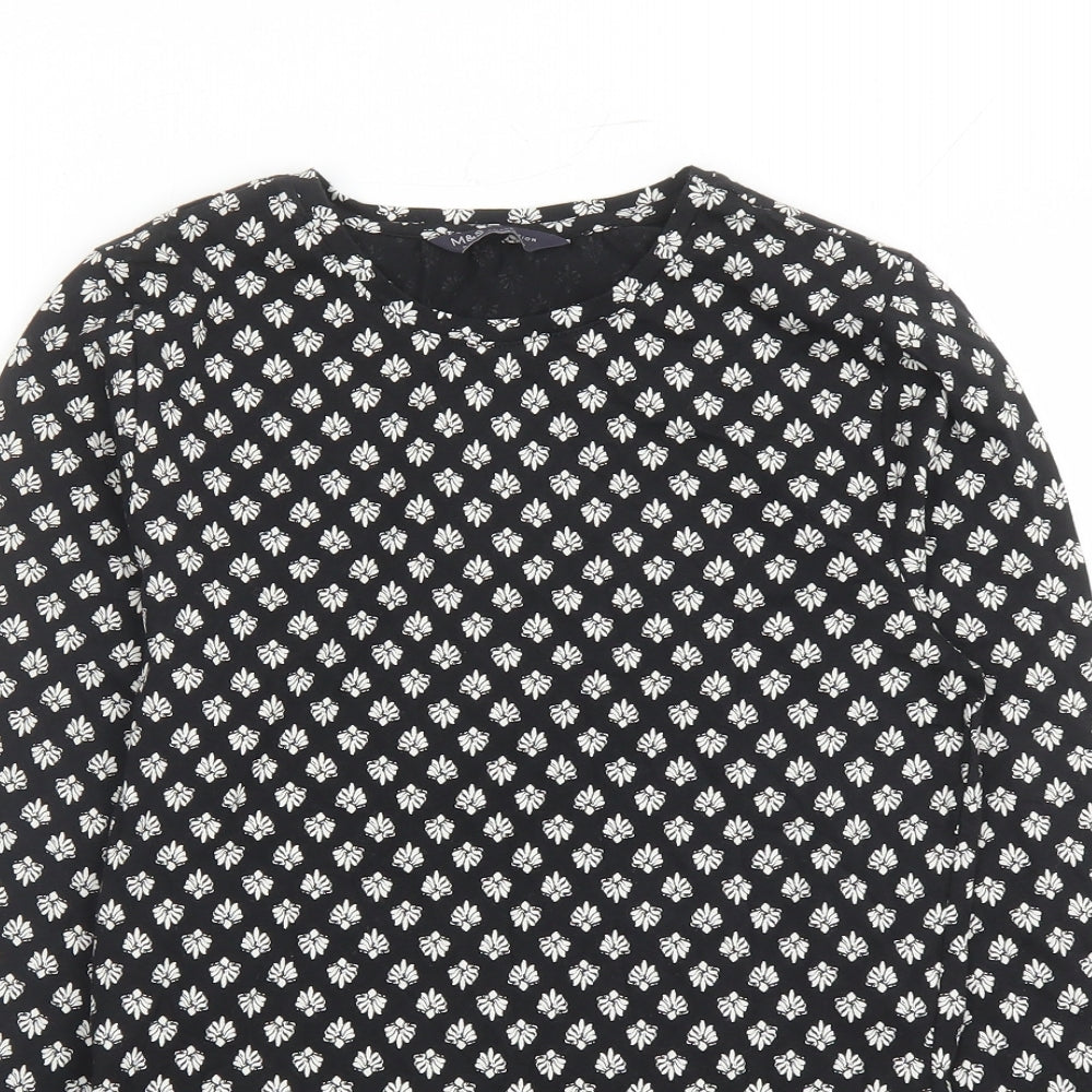 Marks and Spencer Womens Black Geometric Cotton Basic T-Shirt Size 8 Round Neck