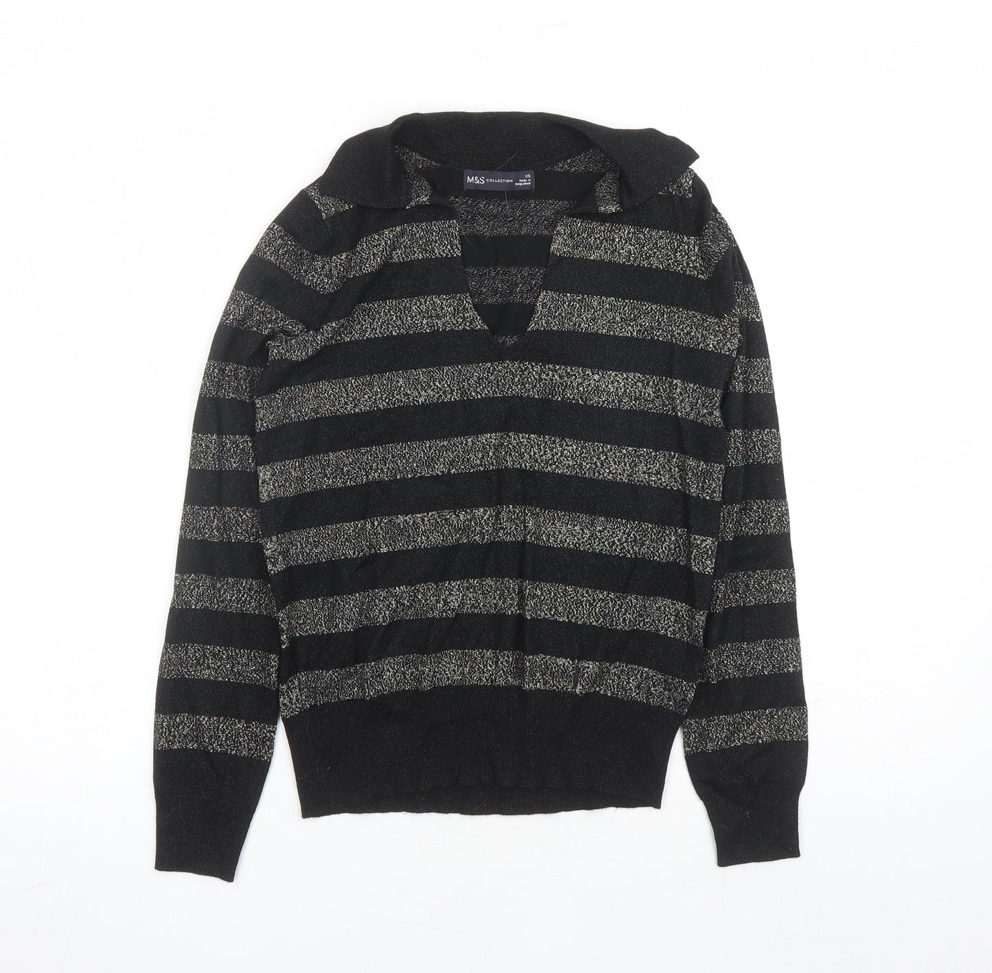 Marks and Spencer Womens Black Collared Striped Viscose Pullover Jumper Size XS