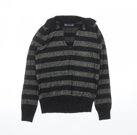 Marks and Spencer Womens Black Collared Striped Viscose Pullover Jumper Size XS