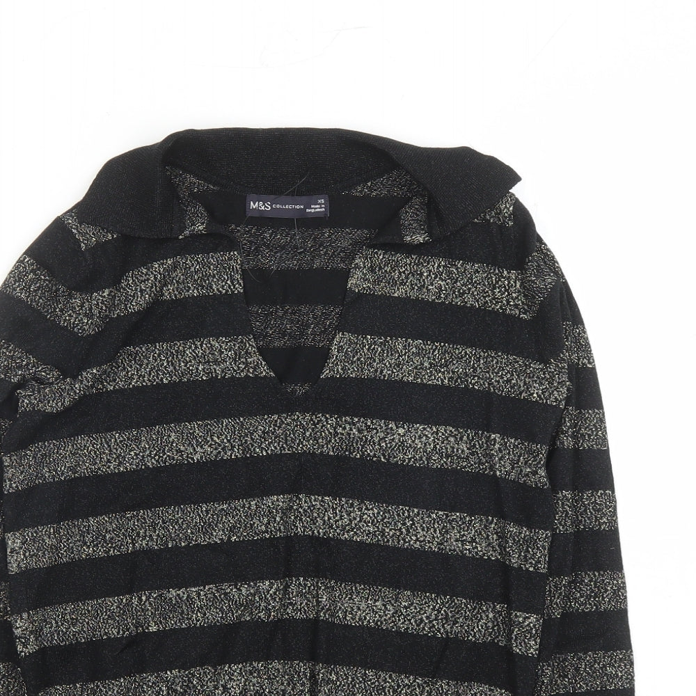 Marks and Spencer Womens Black Collared Striped Viscose Pullover Jumper Size XS