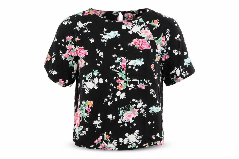 Marks & Spencer Womens Black Floral Viscose Basic Blouse Size 6 Round Neck
