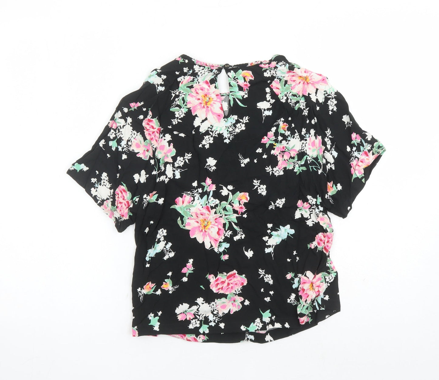 Marks and Spencer Womens Black Floral Viscose Basic Blouse Size 6 Round Neck