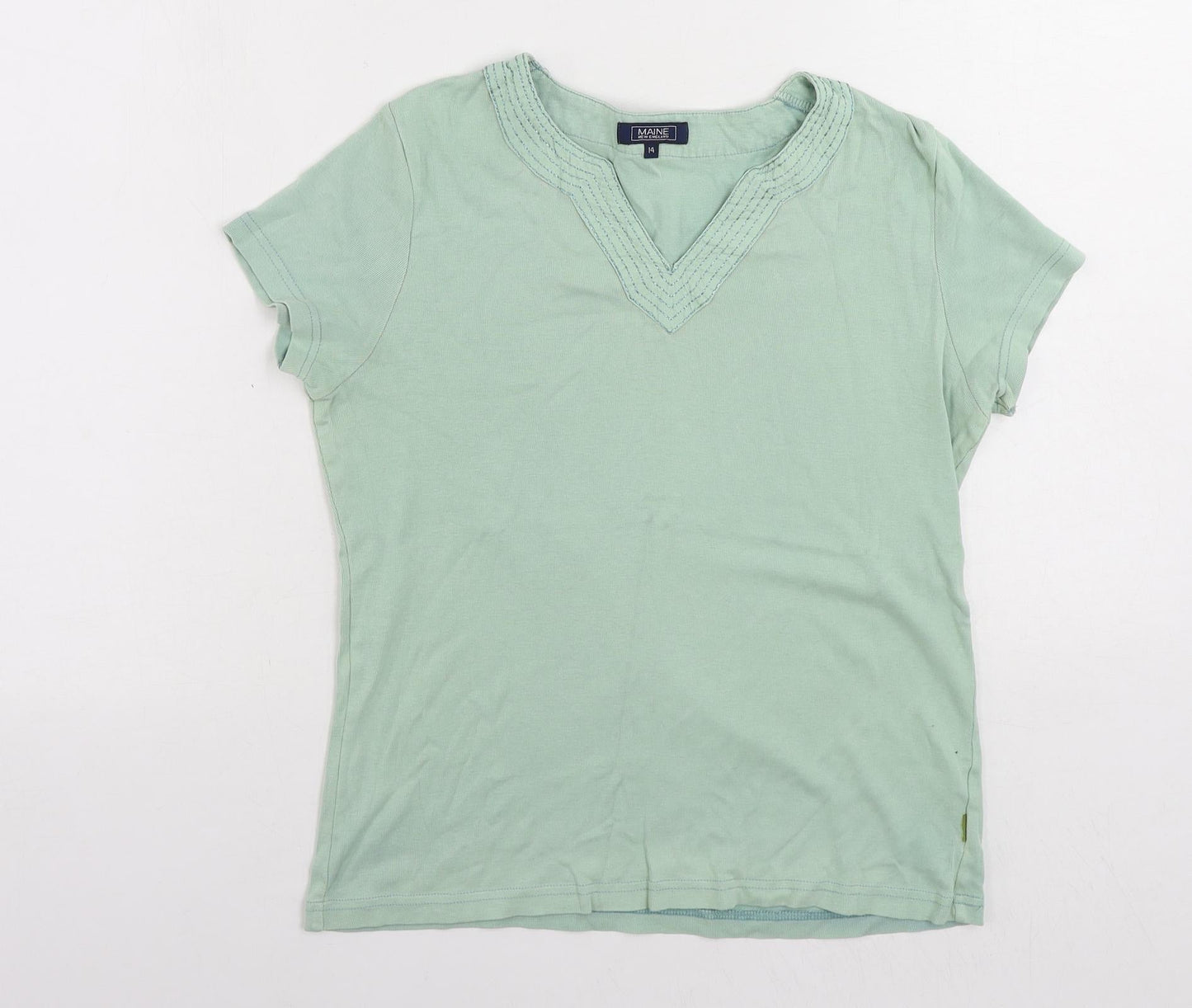 Maine New England Womens Green Cotton Basic T-Shirt Size 14 V-Neck
