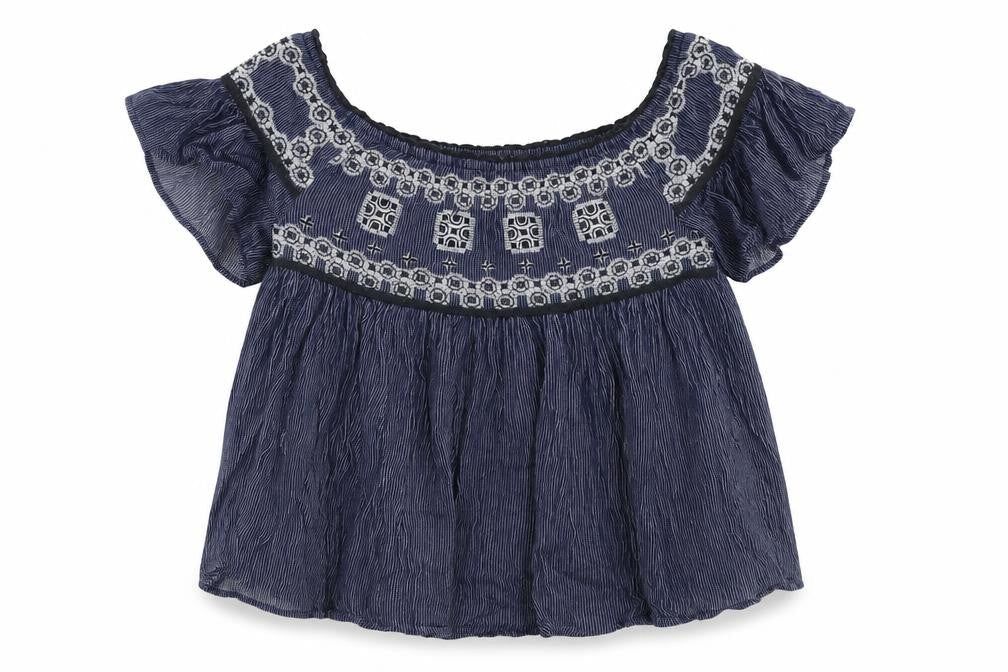 American Eagle Outfitters Womens Blue Striped Cotton Cropped Blouse Size XS Off the Shoulder - Embroidered