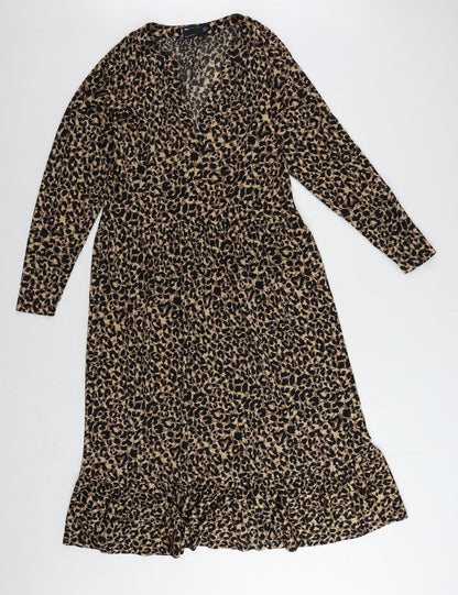 Additional front view of ASOS women’s brown animal print polyester a-line, size UK 8, v-neck pullover - ruffle