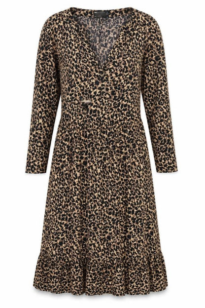 Front view of ASOS women’s brown animal print polyester a-line, size UK 8, v-neck pullover - ruffle