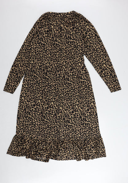 Back view of ASOS women’s brown animal print polyester a-line, size UK 8, v-neck pullover - ruffle