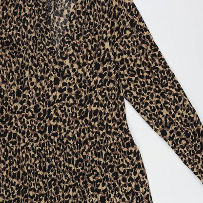 Close-up detail of ASOS women’s brown animal print polyester a-line, size UK 8, v-neck pullover - ruffle