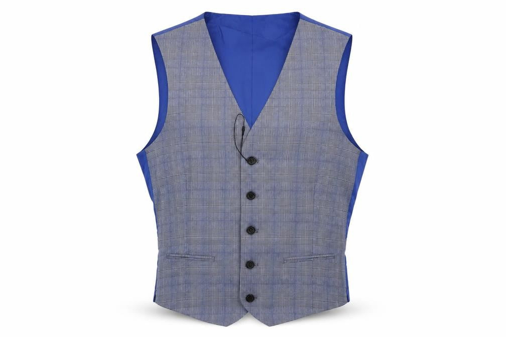 Marks & Spencer Mens Blue Plaid Polyester Jacket Suit Waistcoat Size 36 Regular