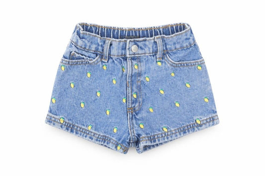 Front view of Denim & Co. girls’ blue geometric cotton cut-off shorts, size 2-3, years regular snap