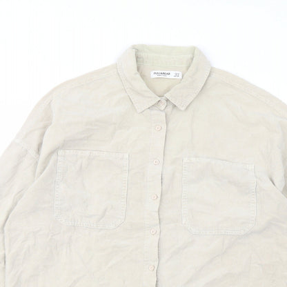 Pull&Bear Womens Beige Cotton Basic Button-Up Size S Collared