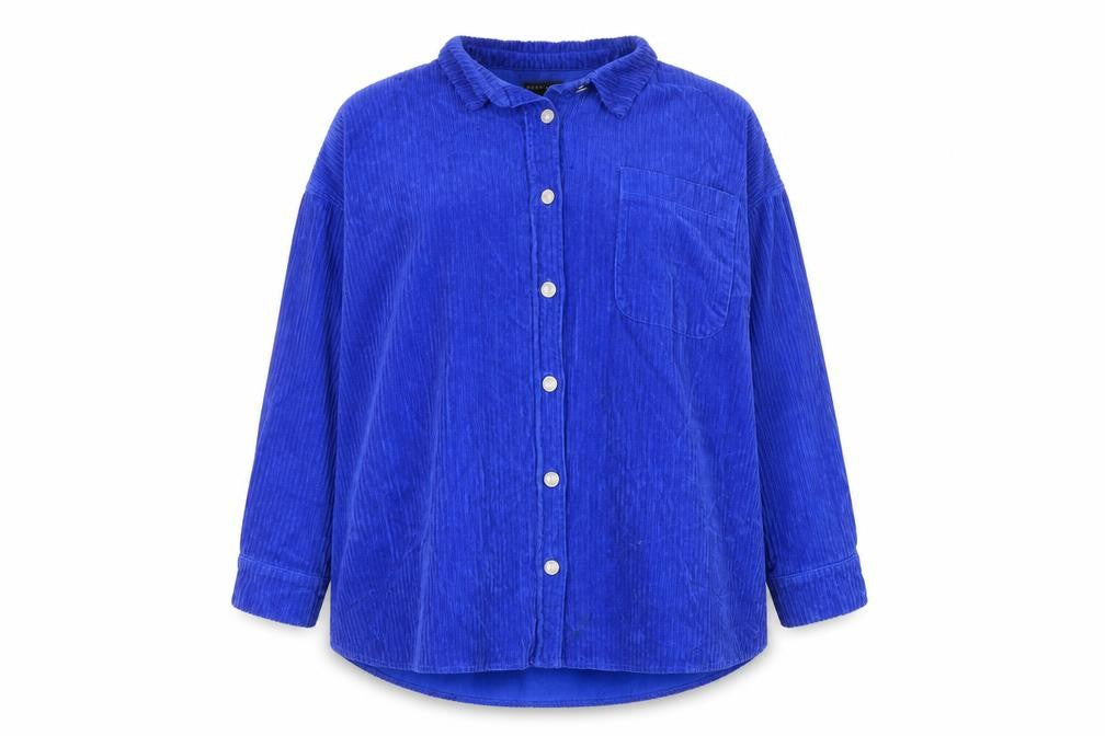 Front view of Denim & Co. women’s blue jacket, size UK 14, button