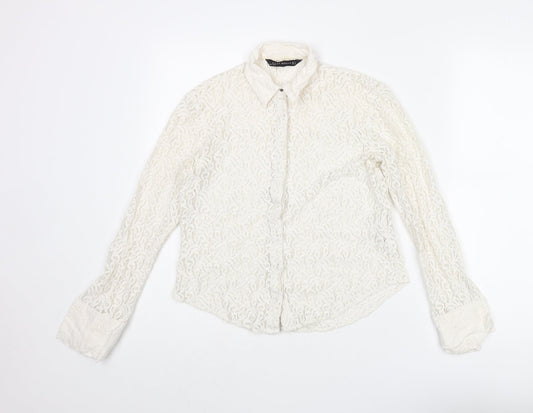 Zara Womens Ivory Cotton Basic Blouse Size S Collared
