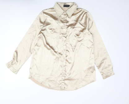 PRETTYLITTLETHING Womens Gold Polyester Basic Button-Up Size S Collared