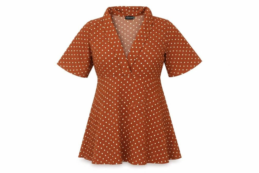 PRETTYLITTLETHING Womens Brown Polka Dot Polyester A-Line Size 10 V-Neck Pullover