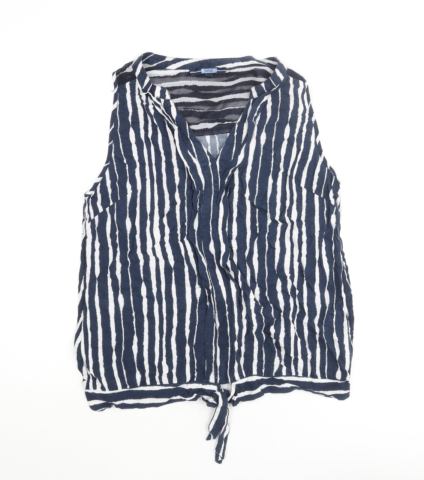 NEXT Womens Blue Striped Viscose Basic Blouse Size 10 V-Neck - Knot Detail
