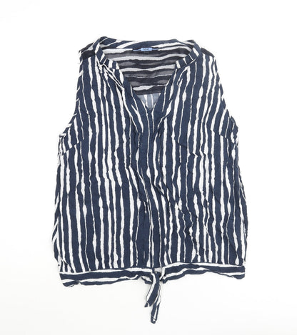 Next Womens Blue Striped Viscose Basic Blouse Size 10 V-Neck - Knot Detail