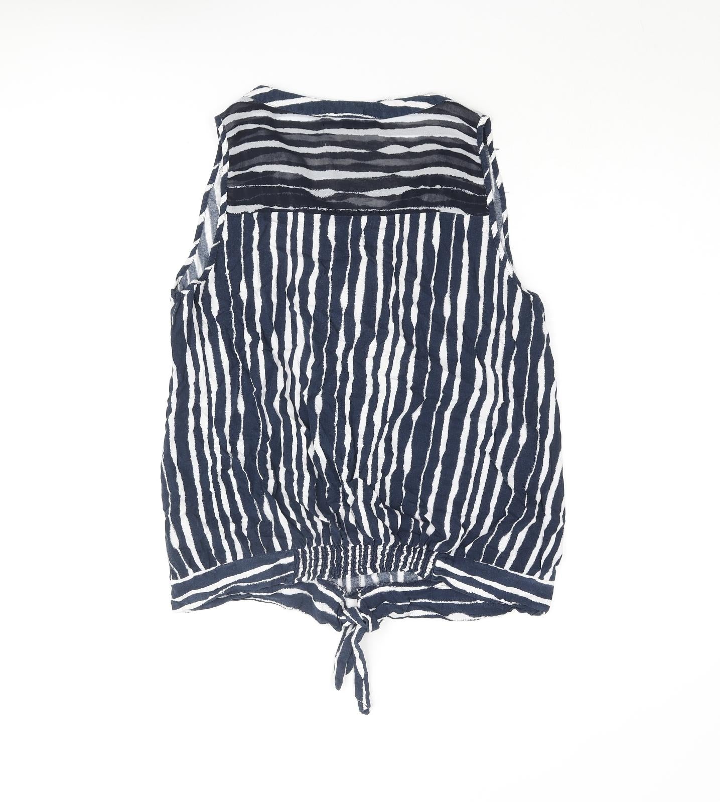 NEXT Womens Blue Striped Viscose Basic Blouse Size 10 V-Neck - Knot Detail