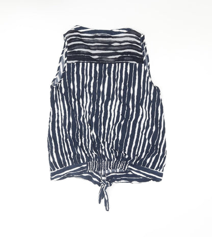 Next Womens Blue Striped Viscose Basic Blouse Size 10 V-Neck - Knot Detail