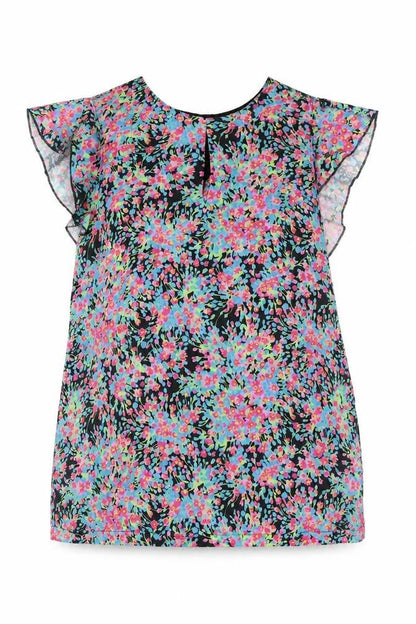 Warehouse Womens Multicoloured Polyester Basic Blouse Size 12 Round Neck - Frill Sleeve Floral Front
