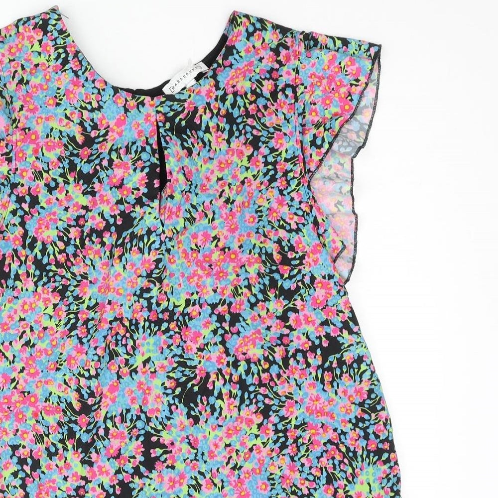 Warehouse Womens Multicoloured Polyester Basic Blouse Size 12 Round Neck - Frill Sleeve Floral Front