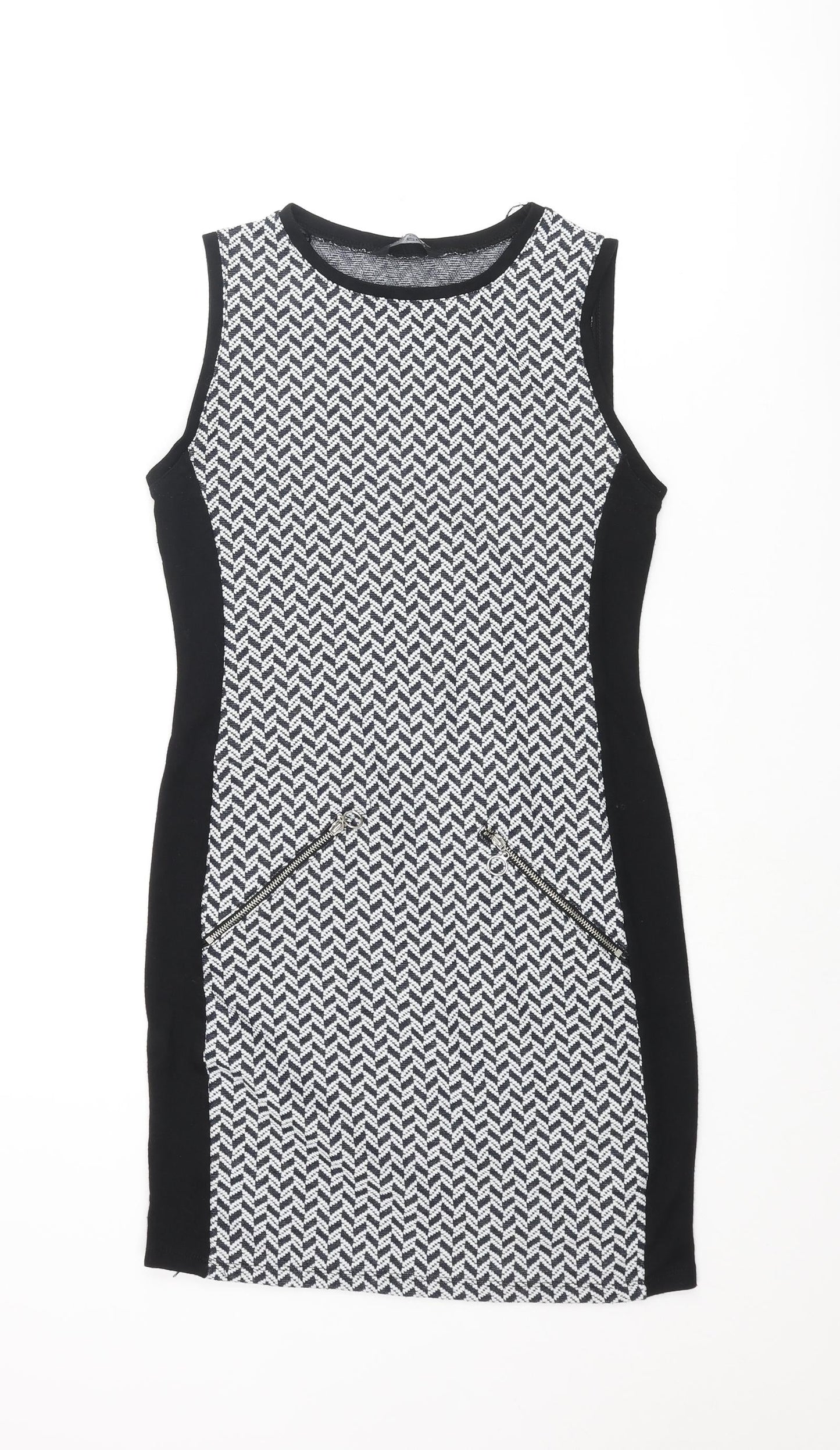 Select Womens Black Geometric Polyester Bodycon Size 10 Round Neck Pullover - Zip