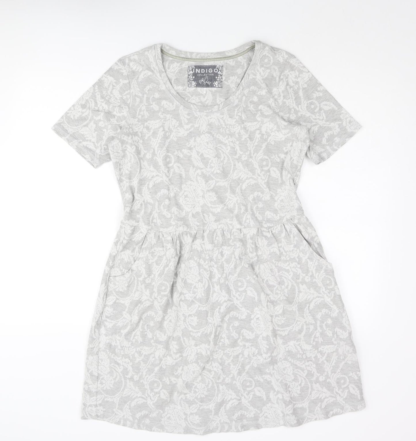 Indigo Womens Grey Floral Cotton A-Line Size 14 Round Neck Pullover