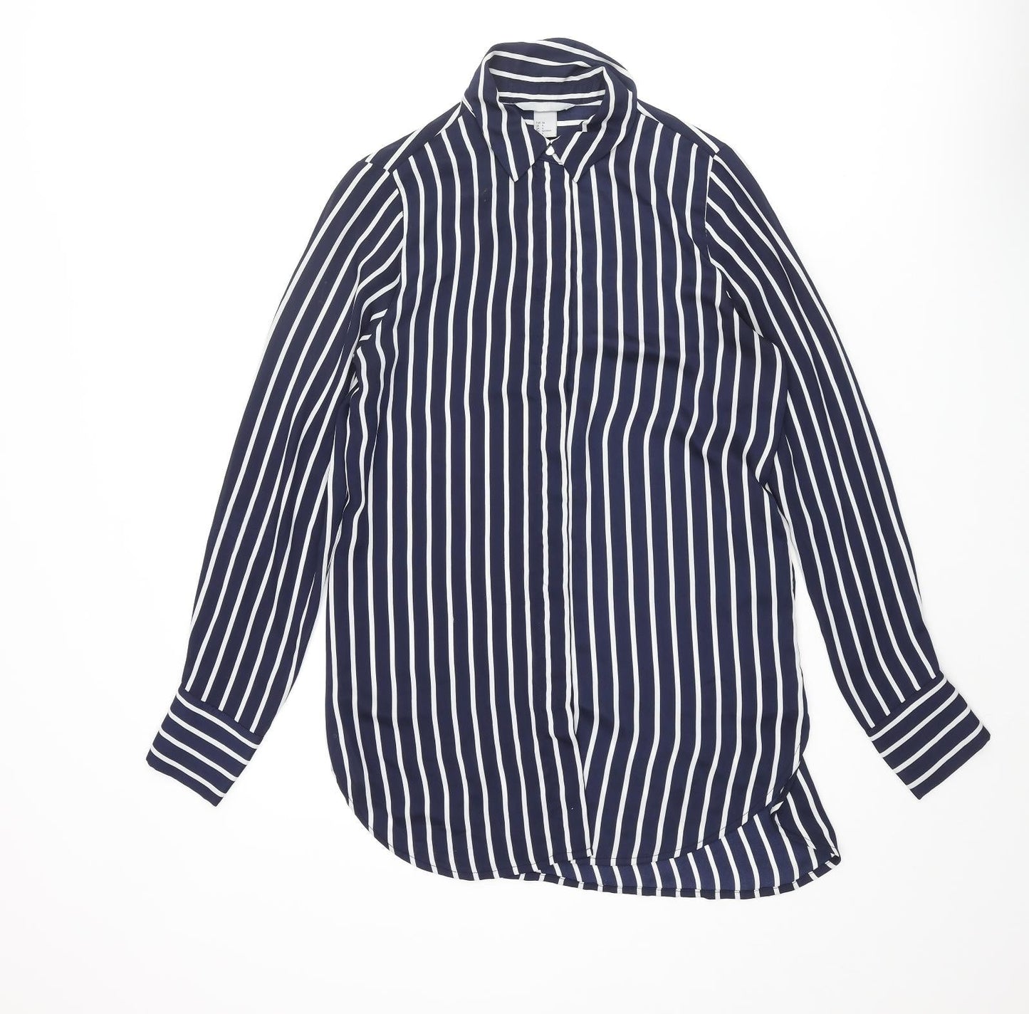 H&M Womens Blue Striped Polyester Basic Button-Up Size 8 Collared