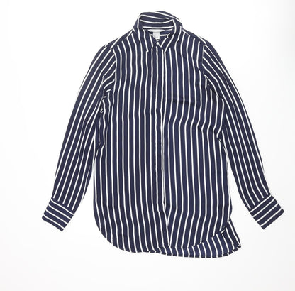 H&M Womens Blue Striped Polyester Basic Button-Up Size 8 Collared