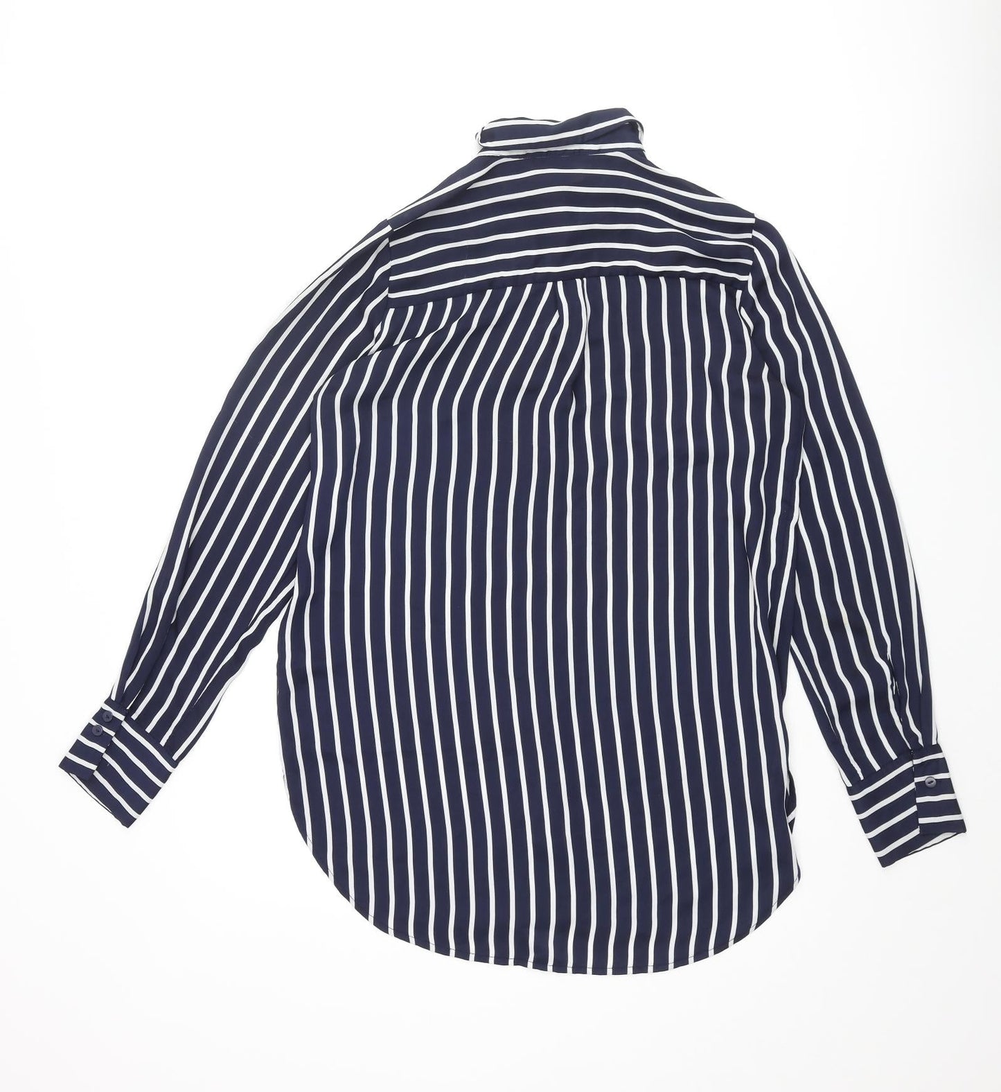 H&M Womens Blue Striped Polyester Basic Button-Up Size 8 Collared