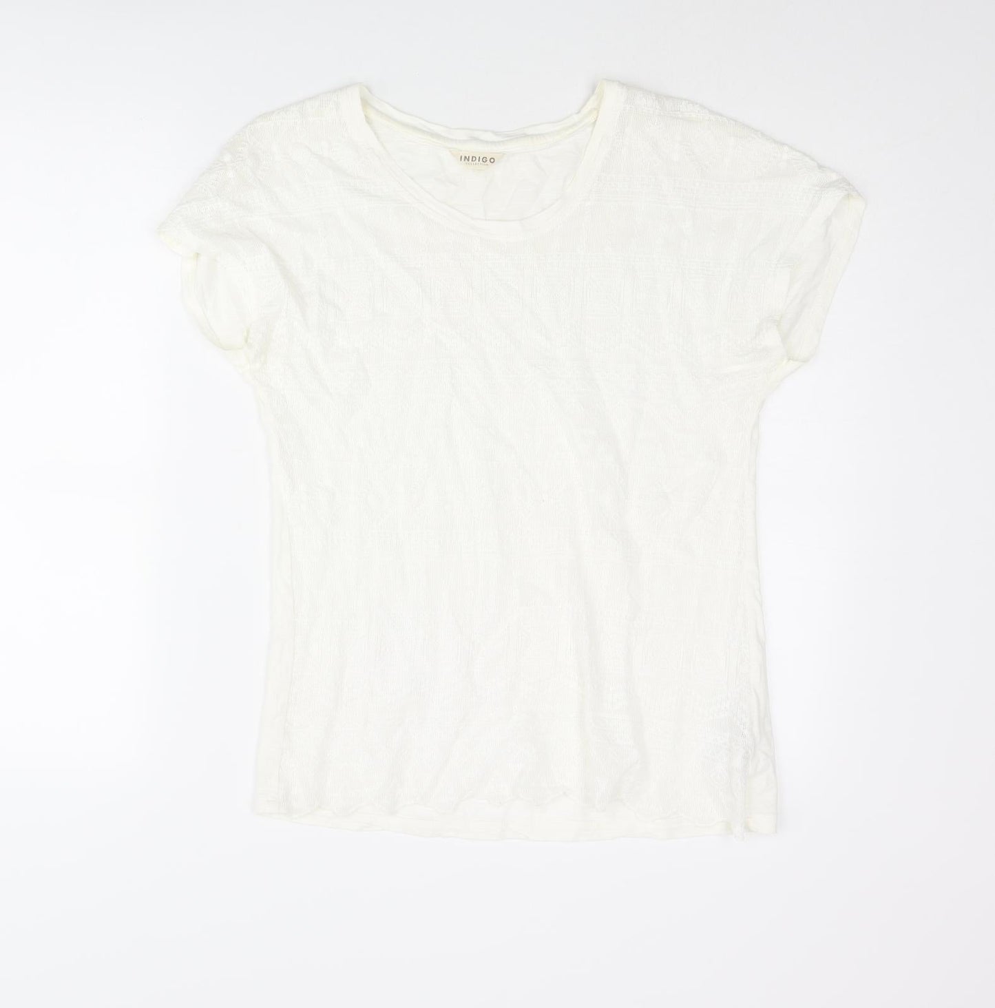 Indigo Womens Ivory Cotton Basic Blouse Size 10 Round Neck - Lace Front