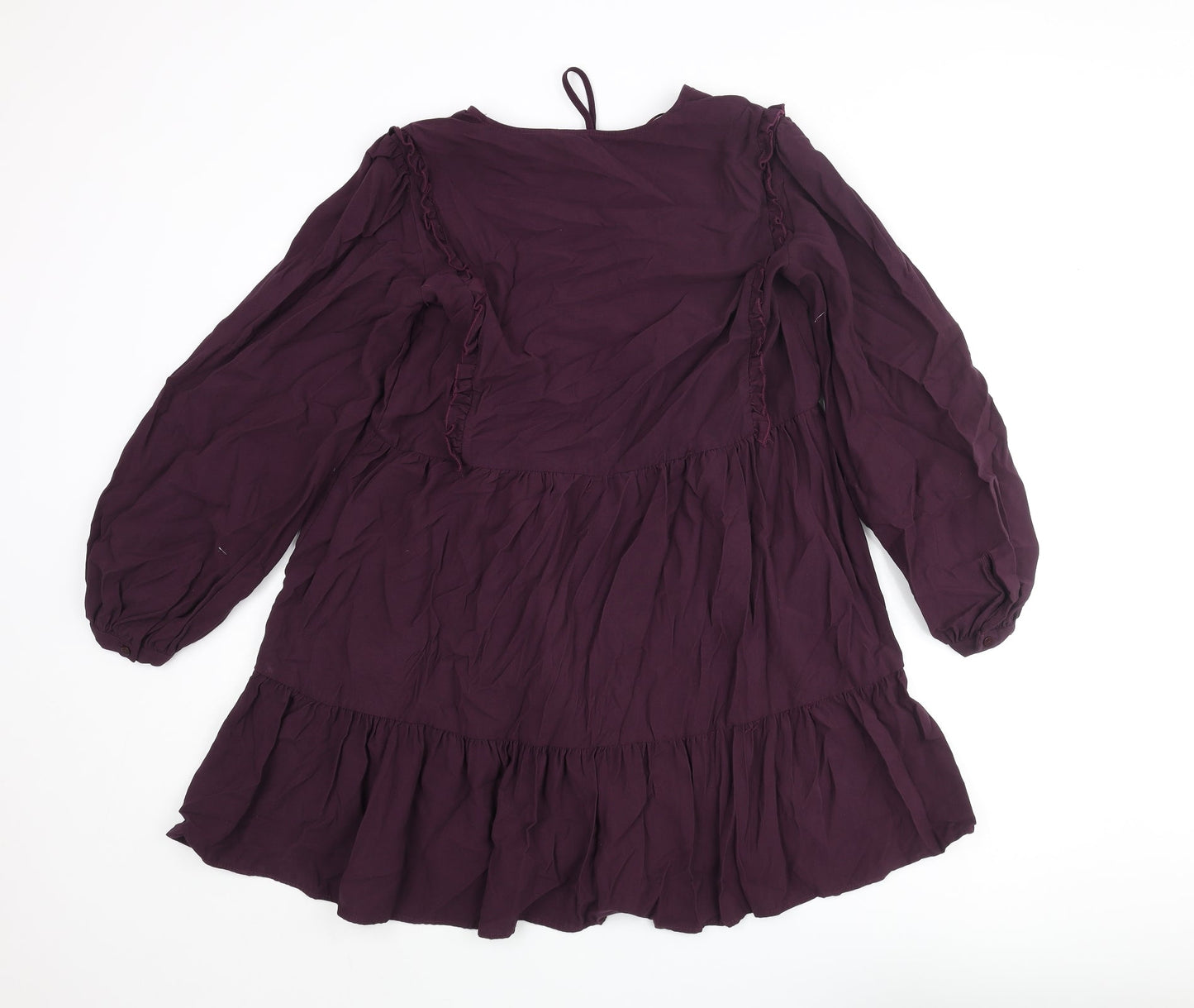 Zara Womens Purple Viscose A-Line Size M V-Neck Tie - Smocked Frill